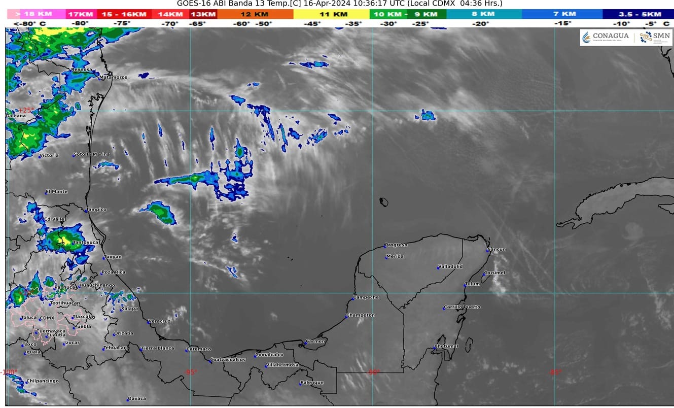 Pronóstico del clima para hoy martes 16 de abril de 2024 en Quintana Roo; cielo medio nublado con lluvias aisladas en el estado y sin lluvias en Campeche y Yucatán.