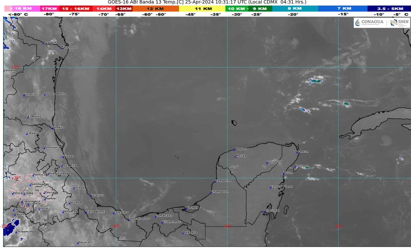 Pronóstico del clima para hoy jueves 25 de abril de 2024 en Quintana Roo; cielo medio nublado a nublado durante el día, con chubascos en la entidad.