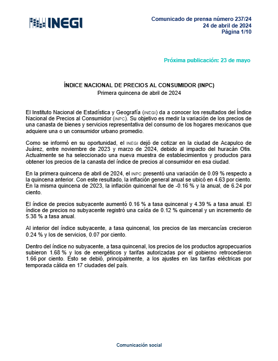 Inegi: La inflación anual en México repunta a 4.63% en la primera quincena de abril; las entidades que tuvieron una mayor variación inflacionaria en la primera quincena de abril fueron Michoacán, Tlaxcala, Puebla, Estado de México y Durango.