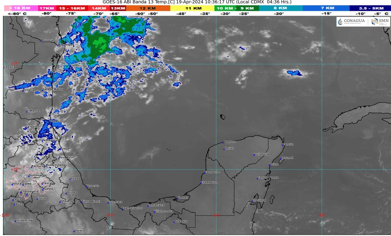 Pronóstico del clima para hoy viernes 19 de abril de 2024 en Quintana Roo; cielo medio nublado con lluvias aisladas en el estado y sin lluvia en Campeche y Yucatán.