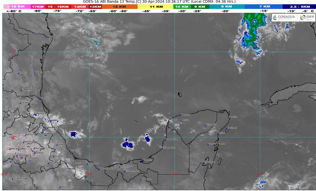 Pronóstico del clima para hoy martes 30 de abril de 2024 en Quintana Roo; cielo medio nublado con ambiente templado y lluvias aisladas en el estado.