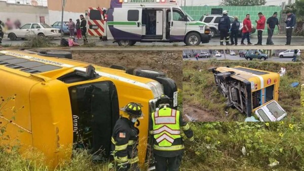 Camión escolar vuelca con 10 niños a bordo en Nuevo León