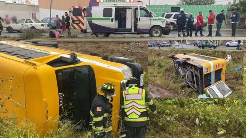 Camión escolar vuelca con 10 niños a bordo en Nuevo León