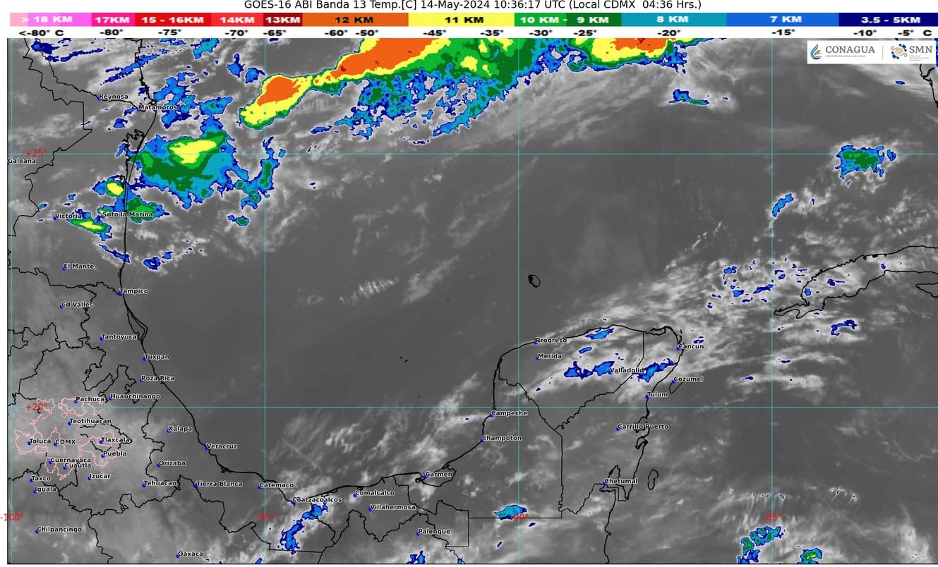 Pronóstico del clima para hoy martes 14 de mayo 2024 en Quintana Roo; cielo parcialmente nublado con lluvias aisladas en Campeche, sin lluvia en el resto de la región.