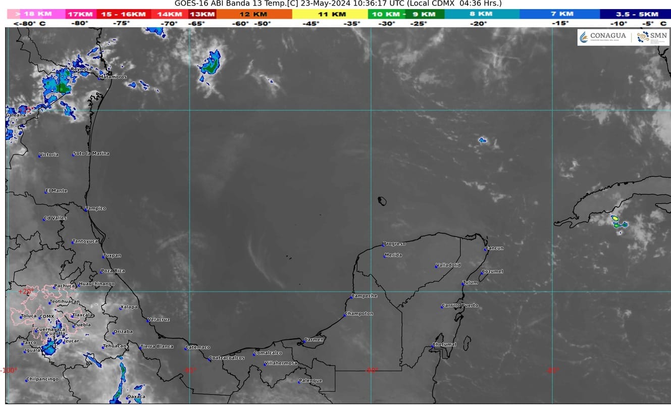 Pronóstico del clima para hoy jueves 23 de mayo 2024 en Quintana Roo; cielo medio nublado con probabilidad de lluvias aisladas en el estado.