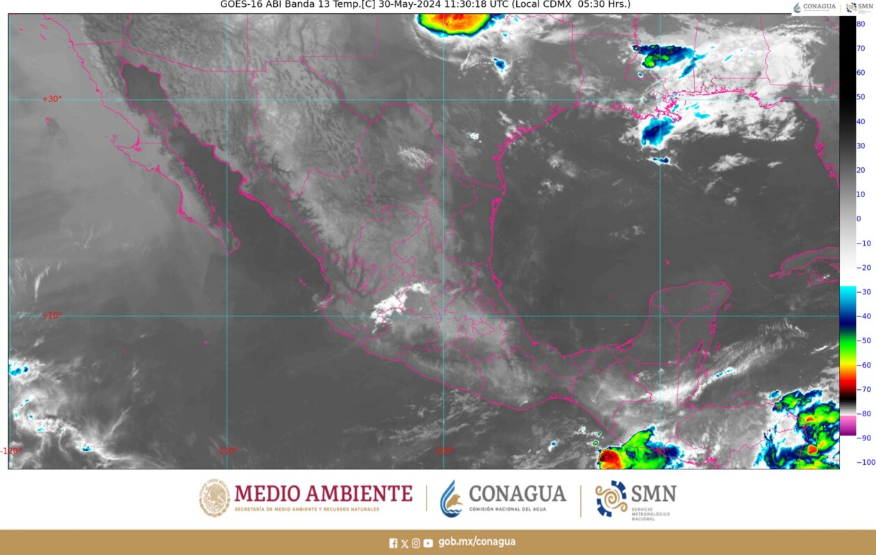 Pronóstico del clima para hoy jueves 30 de mayo 2024 en Quintana Roo; cielo medio nublado con lluvias aisladas y posibles descargas eléctricas en la región.