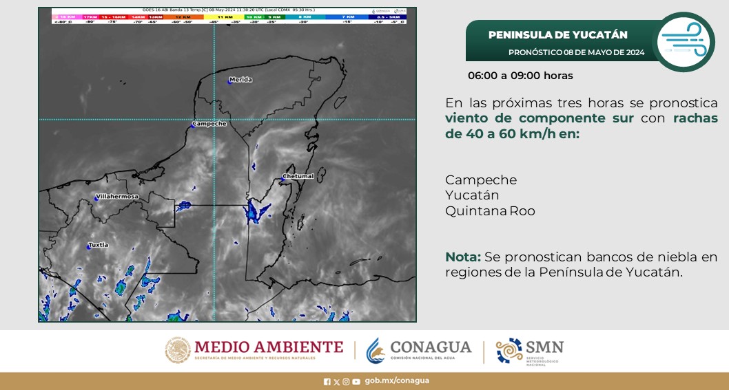 Pronóstico del clima para hoy miércoles 8 de mayo 2024 en Quintana Roo; cielo parcialmente nublado durante el día y sin lluvia en la región.