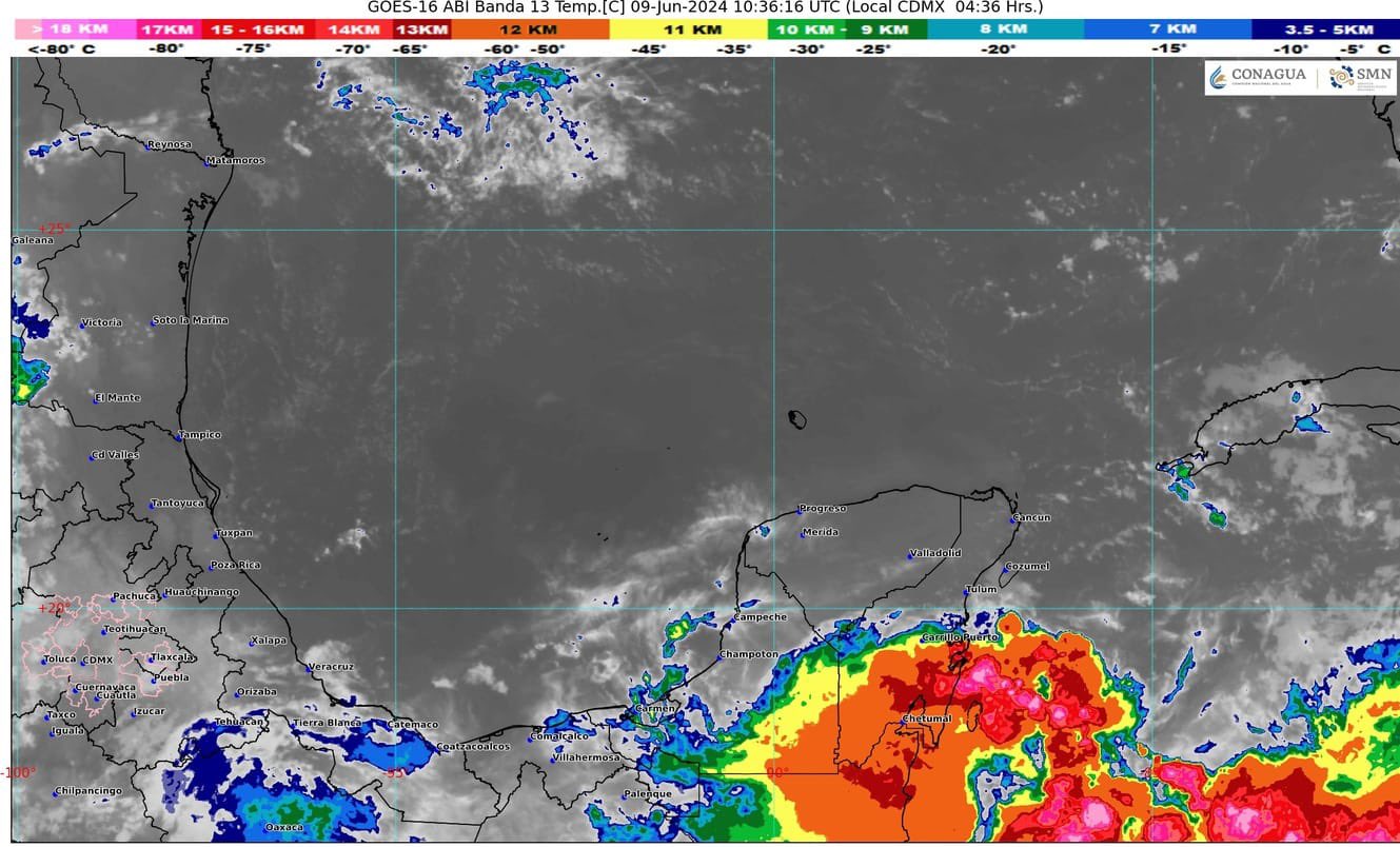 Pronóstico del clima para hoy domingo 9 de junio 2024 en Quintana Roo; cielo nublado con lluvias puntuales en Campeche, Yucatán y el estado.