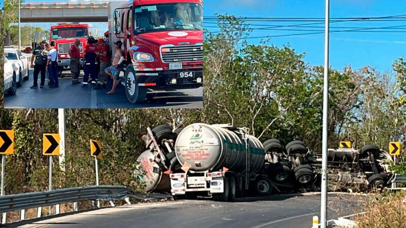 Vuelca pipa de turbosina en distribuidor vial de Cancún