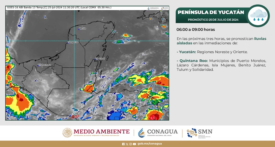 Pronóstico del clima en Quintana Roo para hoy jueves 25 de julio 2024; Ambiente templado por la mañana y caluroso a muy caluroso durante la tarde.