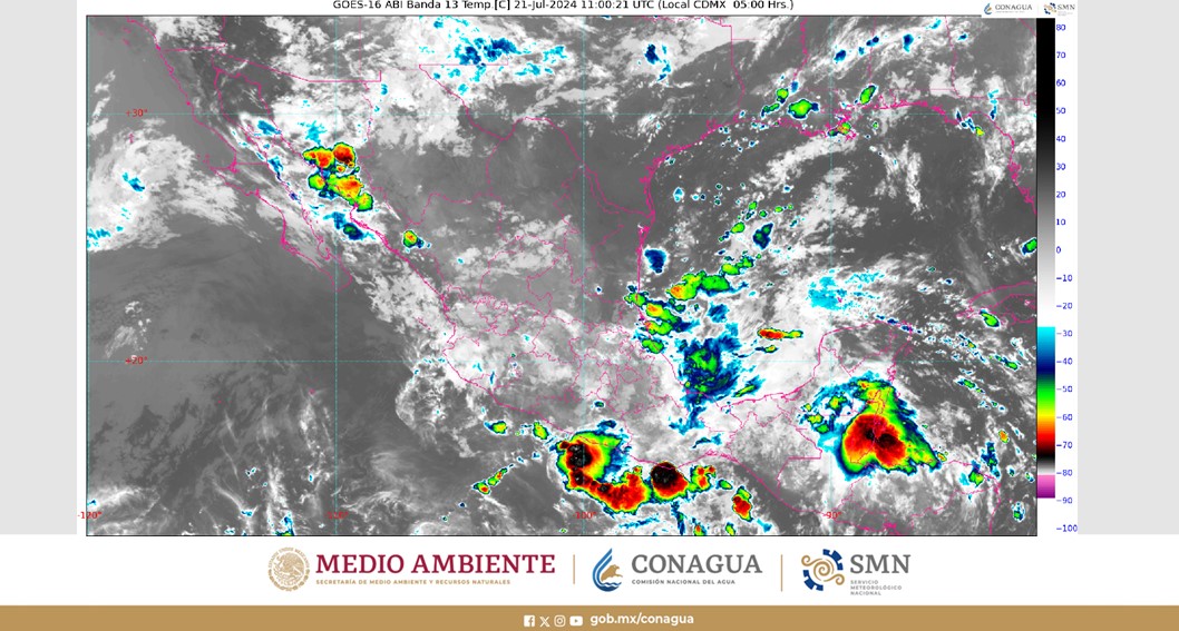 Pronóstico del clima para hoy domingo 21 de julio 2024 en Quintana Roo; cielo nublado con lluvias y descargas eléctricas en Campeche, Yucatán y el estado.