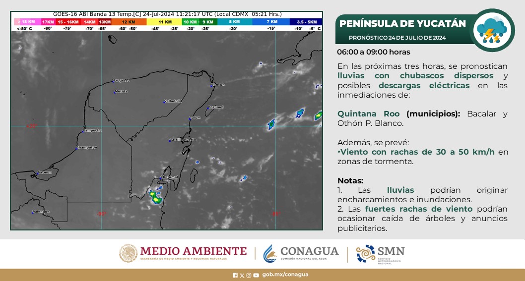 Pronóstico del clima en Quintana Roo para hoy miércoles 24 de julio 2024; Caluroso a muy caluroso durante la tarde y cielo medio nublado con lluvias aisladas.
