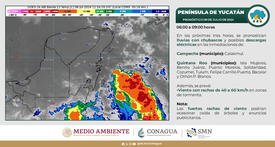 Pronóstico del clima en Quintana Roo para hoy lunes 8 de julio 2024; cielo medio nublado y probabilidad de lluvias en zonas del estado y Campeche.