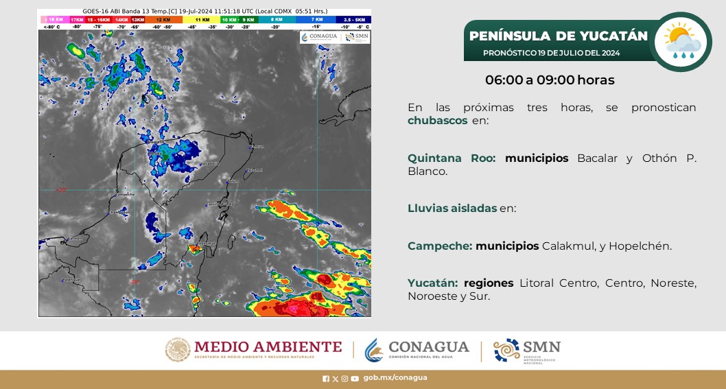Pronóstico del clima para hoy viernes 19 de julio 2024 en Quintana Roo; cielo medio nublado y ambiente templado por la mañana.