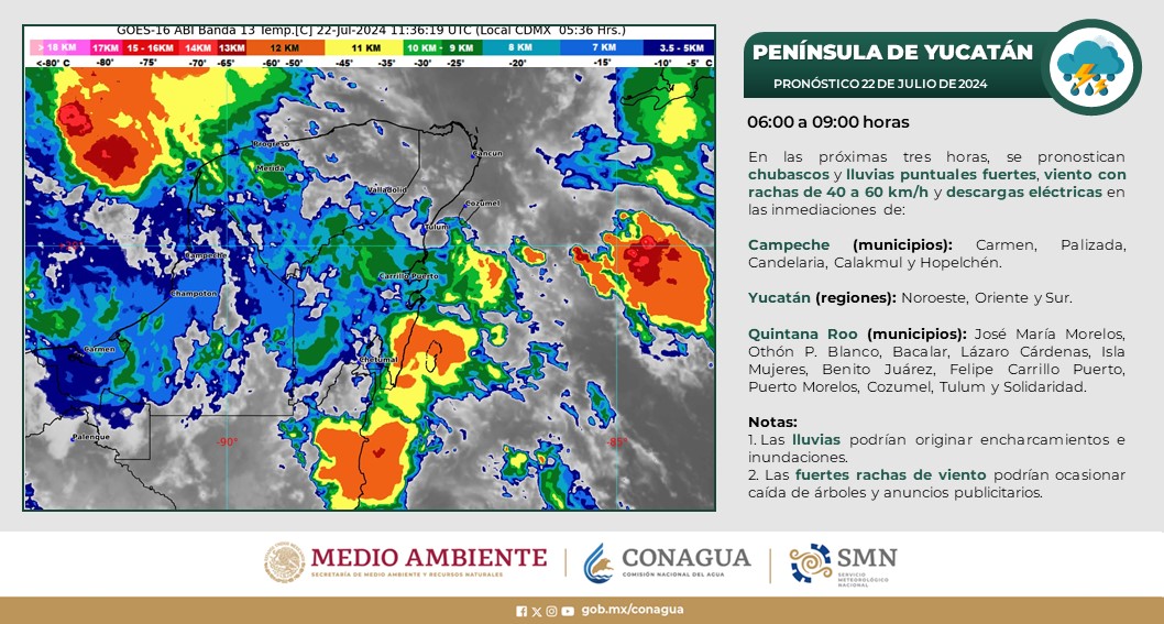 Pronóstico del clima en Quintana Roo para hoy lunes 22 de julio 2024; cielo nublado y lluvias puntuales fuertes acompañadas con descargas eléctricas en el estado.