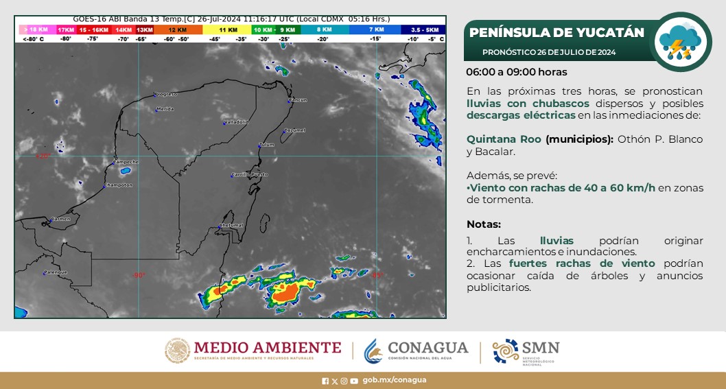 Pronóstico del clima para hoy viernes 26 de julio 2024 en Quintana Roo; cielo medio nublado a nublado por la tarde, con intervalos de chubascos.