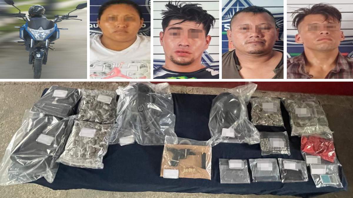 Detienen a una narcocélula en el fraccionamiento Villas Otoch Paraíso; les decomisaron un arma de fuego y 301 dosis de marihuana.