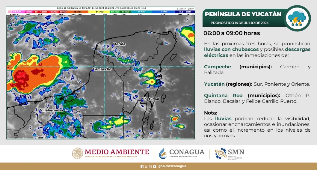 Pronóstico del clima para hoy domingo 14 de julio 2024 en Quintana Roo; por la mañana, ambiente cálido y cielo medio nublado.