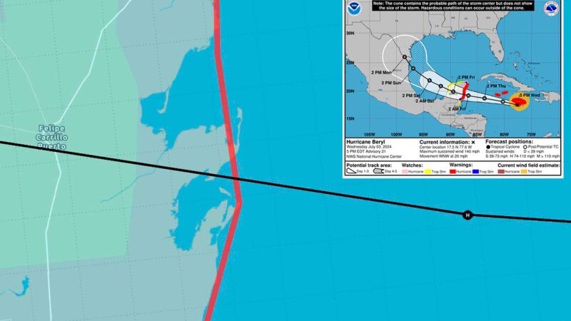 Actualizan autoridades probable zona de impacto del huracán Beryl en Quintana Roo