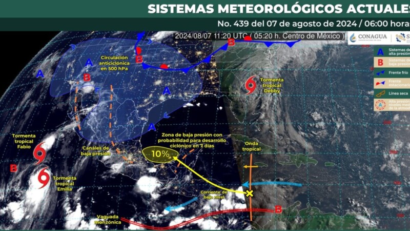 Por la mañana, cielo medio nublado y ambiente templado. Durante la tarde ambiente cálido, y caluroso en zonas de Campeche y Yucatán