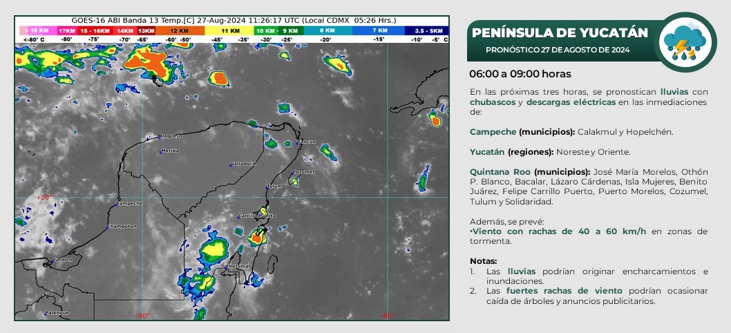 Pronóstico del clima en Quintana Roo para hoy martes 27 de agosto 2024; cielo nublado con lluvias puntuales fuertes en el estadio, Campeche y Yucatán.