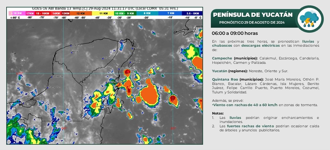 Pronóstico del clima en Quintana Roo para hoy jueves 29 de agosto 2024; cielo medio nublado con lluvias puntuales en Campeche, Yucatán y el estado.