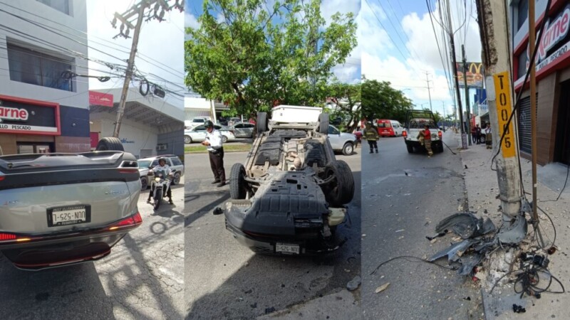 Choca contra poste de CFE y vuelca su vehículo