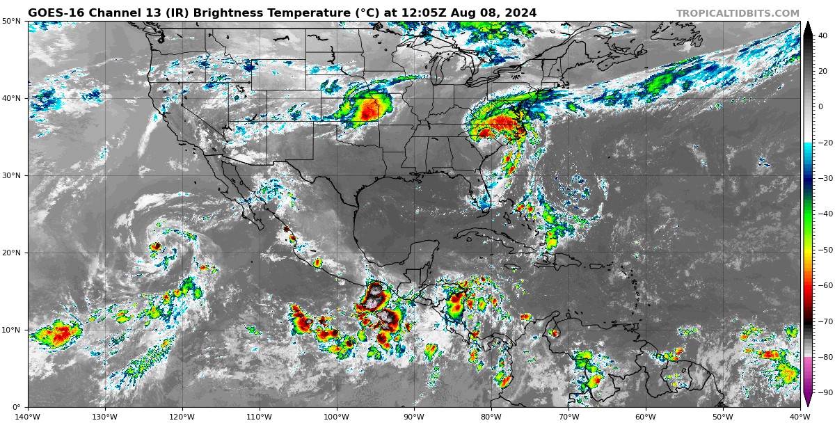 Pronóstico del clima para hoy jueves 8 de agosto 2024 en Quintana Roo; cielo nublado con lluvias fuertes y descargas eléctricas en el estado, Campeche y Yucatán.