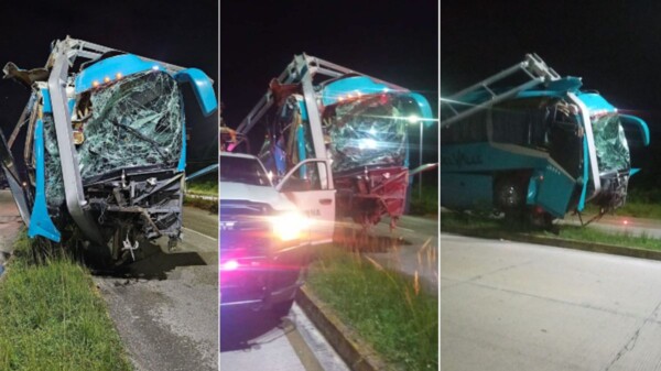 Operador de un autobús Del Valle pestañea y se incrusta en un señalamiento