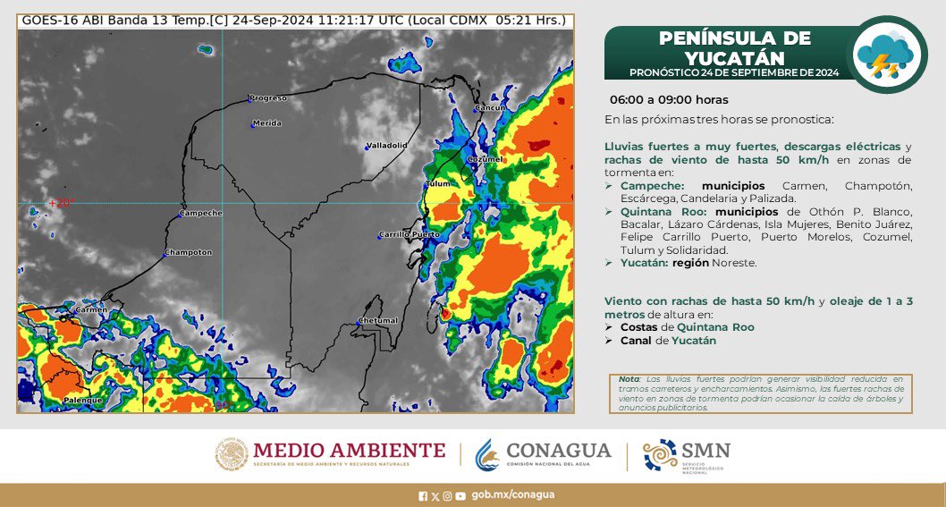 Pronóstico del clima en Quintana Roo para hoy martes 24 de septiembre 2024; cielo nublado y lluvias puntuales torrenciales en Yucatán y Quintana Roo.