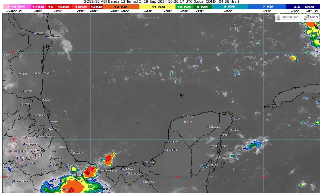 Pronóstico del clima en Quintana Roo para hoy jueves 19 de septiembre 2024; cielo nublado con lluvias fuertes en Campeche, Yucatán y la entidad.