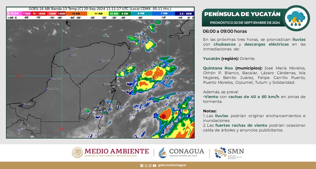Pronóstico del clima en Quintana Roo para hoy viernes 20 septiembre 2024; cielo medio nublado con lluvias aisladas en la Zona Norte de la entidad.