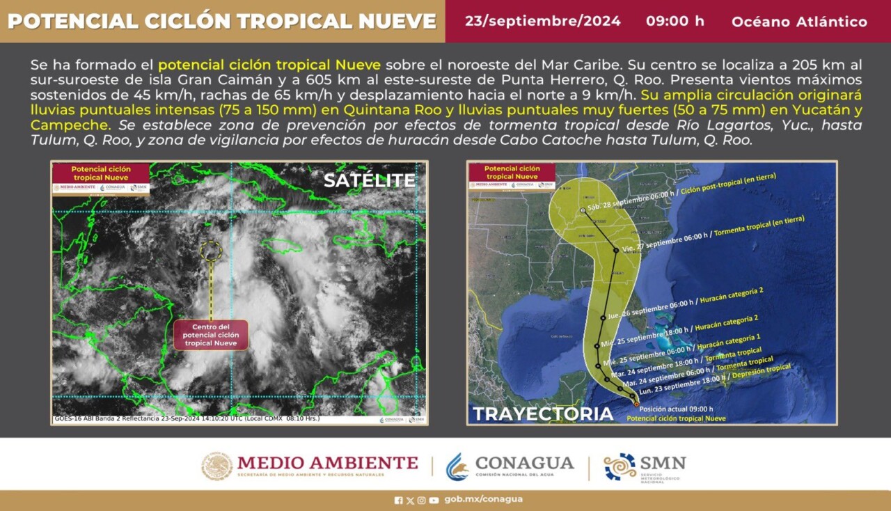 Clima: Se forma potencial ciclón tropical nueve en el Caribe; se establece zona de prevención por efectos de tormenta desde Río Lagartos, Yuc., hasta Tulum.