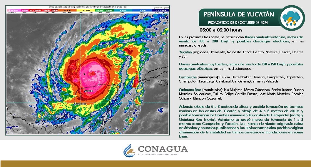 Pronóstico del clima para hoy martes 8 de octubre 2024 en Quintana Roo; cielo nublado durante el día, con lluvias puntuales intensas en Yucatán y el estado.