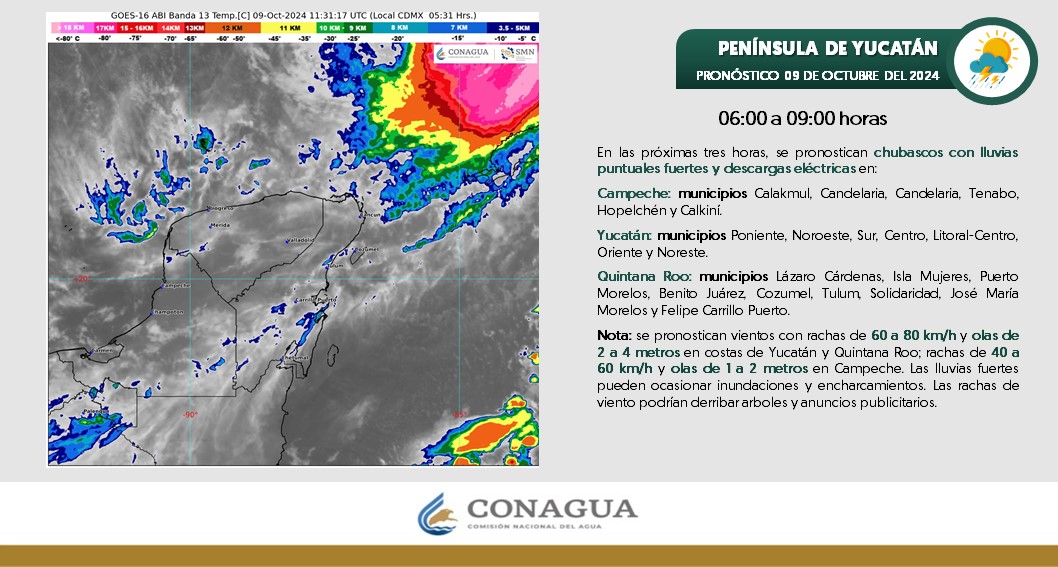 Pronóstico del clima en Quintana Roo para hoy miércoles 9 de octubre de 2024; ambiente cálido, con chubascos y posibles descargas eléctricas en el estado.