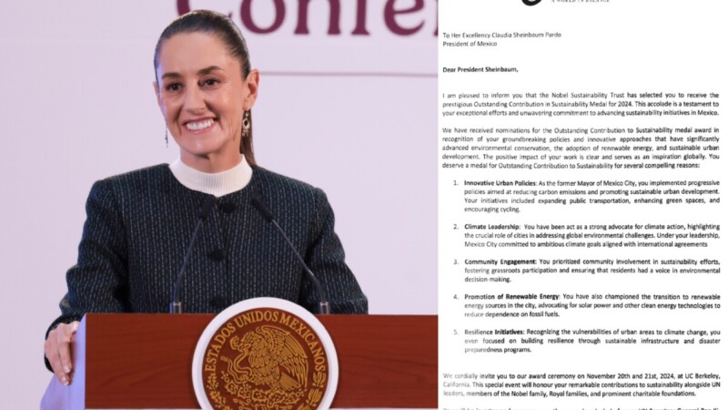 Entregan a Sheinbaum el Nobel Sustainability Trust