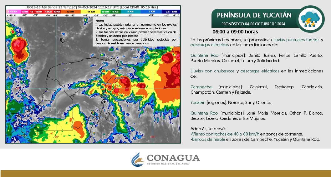 Pronóstico del clima en Quintana Roo para hoy jueves 3 de octubre de 2024; cielo nublado durante el día con lluvias intensas en la entidad.