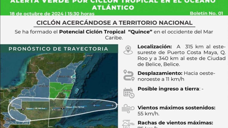 Emiten Alerta Verde para sur de Quintana Roo ante acercamiento de potencial Ciclón Tropical