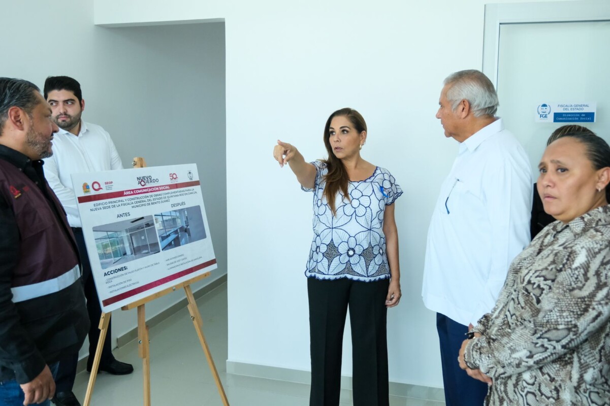 La gobernadora, junto al fiscal Raciel López Salazar y el secretario de Obras Públicas, Rafael Lara Díaz, supervisan la rehabilitación del edificio.
