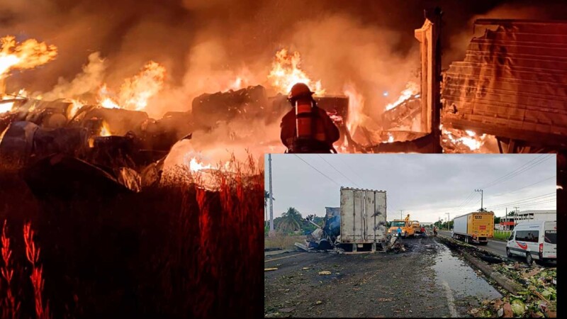 Dos tráileres chocan y estallan en llamas en Tabasco, hay un lesionado