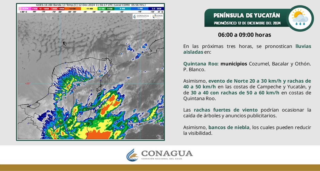 Pronóstico del clima en Quintana Roo para hoy jueves 12 de diciembre 2024; ambiente fresco y probabilidad de lluvias fuertes para la entidad.