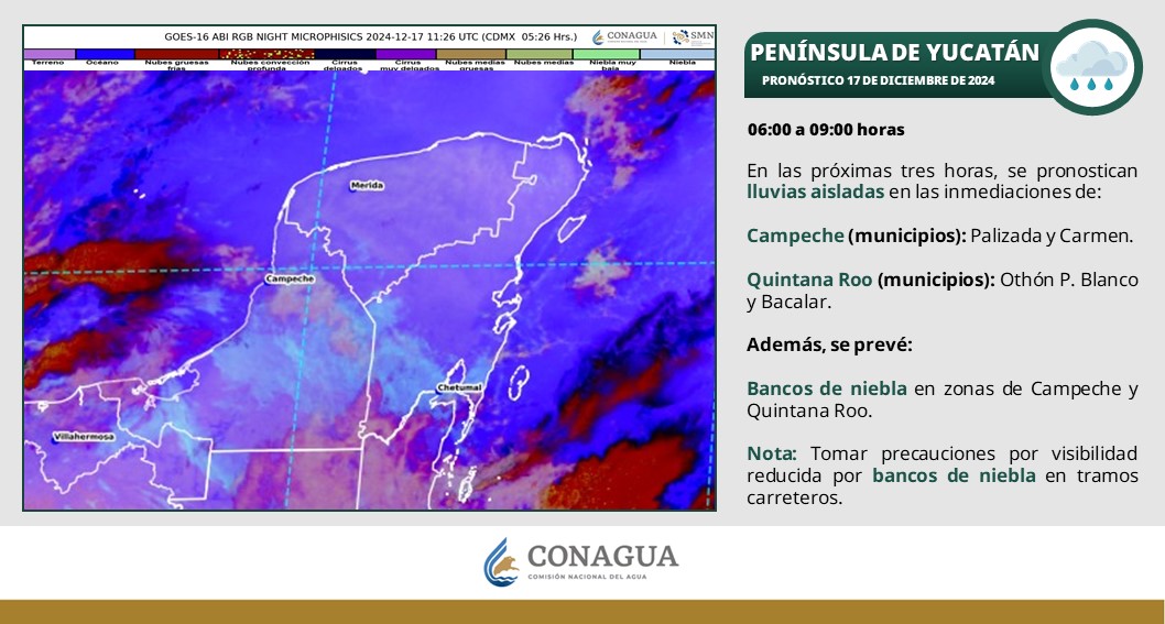 Pronóstico del clima en Quintana Roo para hoy martes 17 de diciembre 2024; cielo nublado con chubascos y descargas eléctricas en Campeche, Yucatán y Quintana Roo.