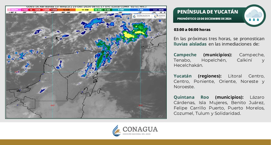 Pronóstico del clima en Quintana Roo para hoy lunes 23 de diciembre 2024; durante la tarde, ambiente cálido y cielo medio nublado con lluvias aisladas.