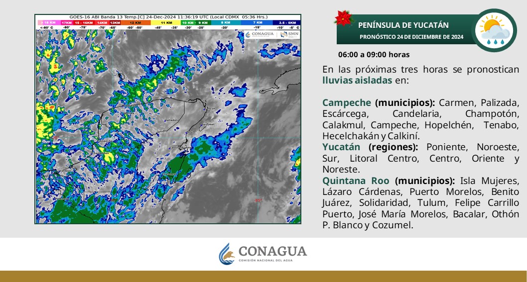 Pronóstico del clima en Quintana Roo para hoy martes 24 de diciembre 2024; con lluvias aisladas en zonas de Yucatán y Quintana Roo, sin lluvia en Campeche.