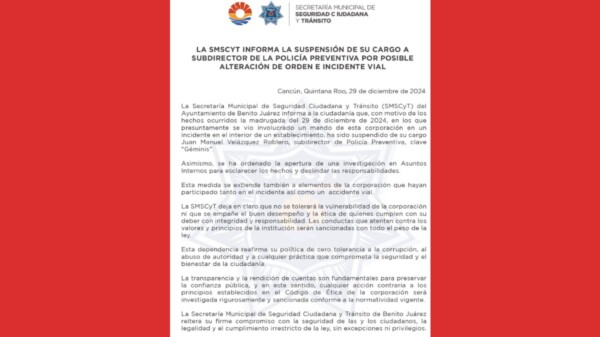 La SMSCyT informa la suspensión de su cargo a subdirector de la Policía Preventiva