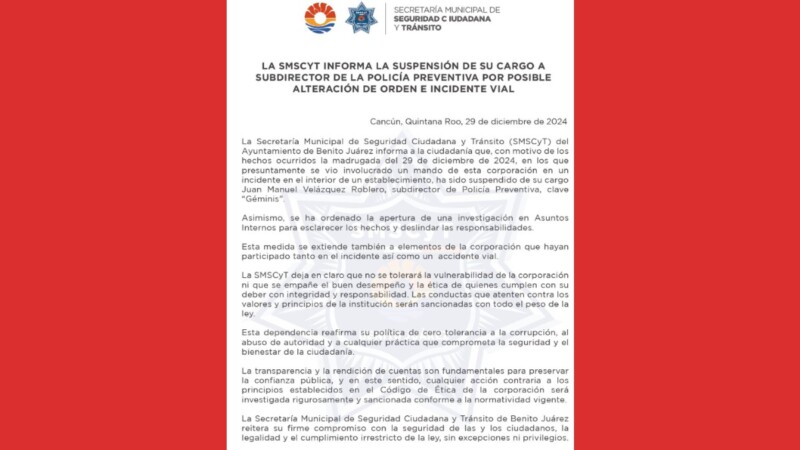 La SMSCyT informa la suspensión de su cargo a subdirector de la Policía Preventiva