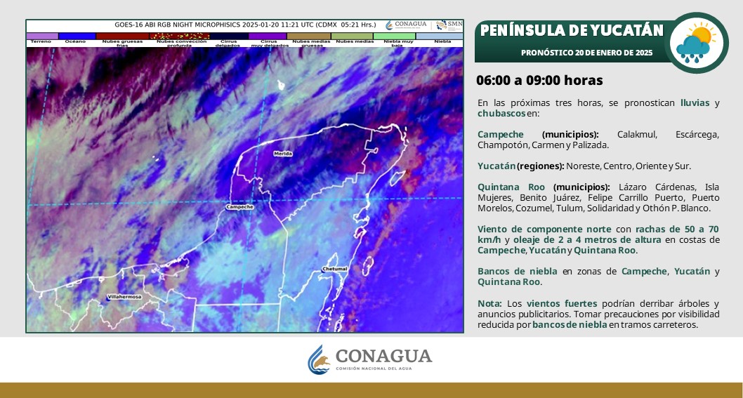 Pronóstico del clima en Quintana Roo para hoy lunes 20 de enero 2025; lluvias puntuales muy fuertes en el estado, así como lluvias fuertes en Campeche y Yucatán,