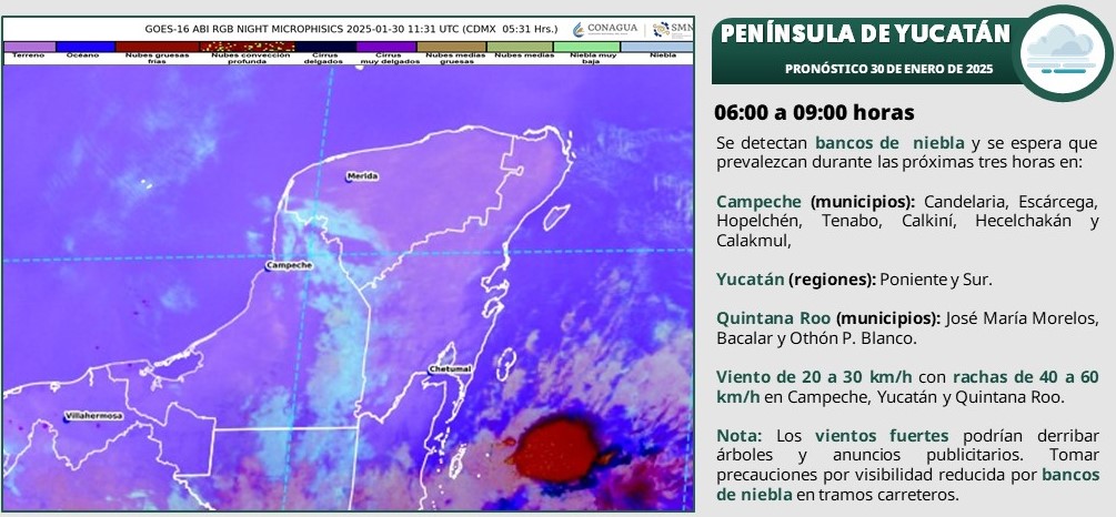 Pronóstico del clima en Quintana Roo para hoy jueves 30 de enero 2025; cielo medio nublado y chubascos en zonas de Campeche y Quintana Roo.