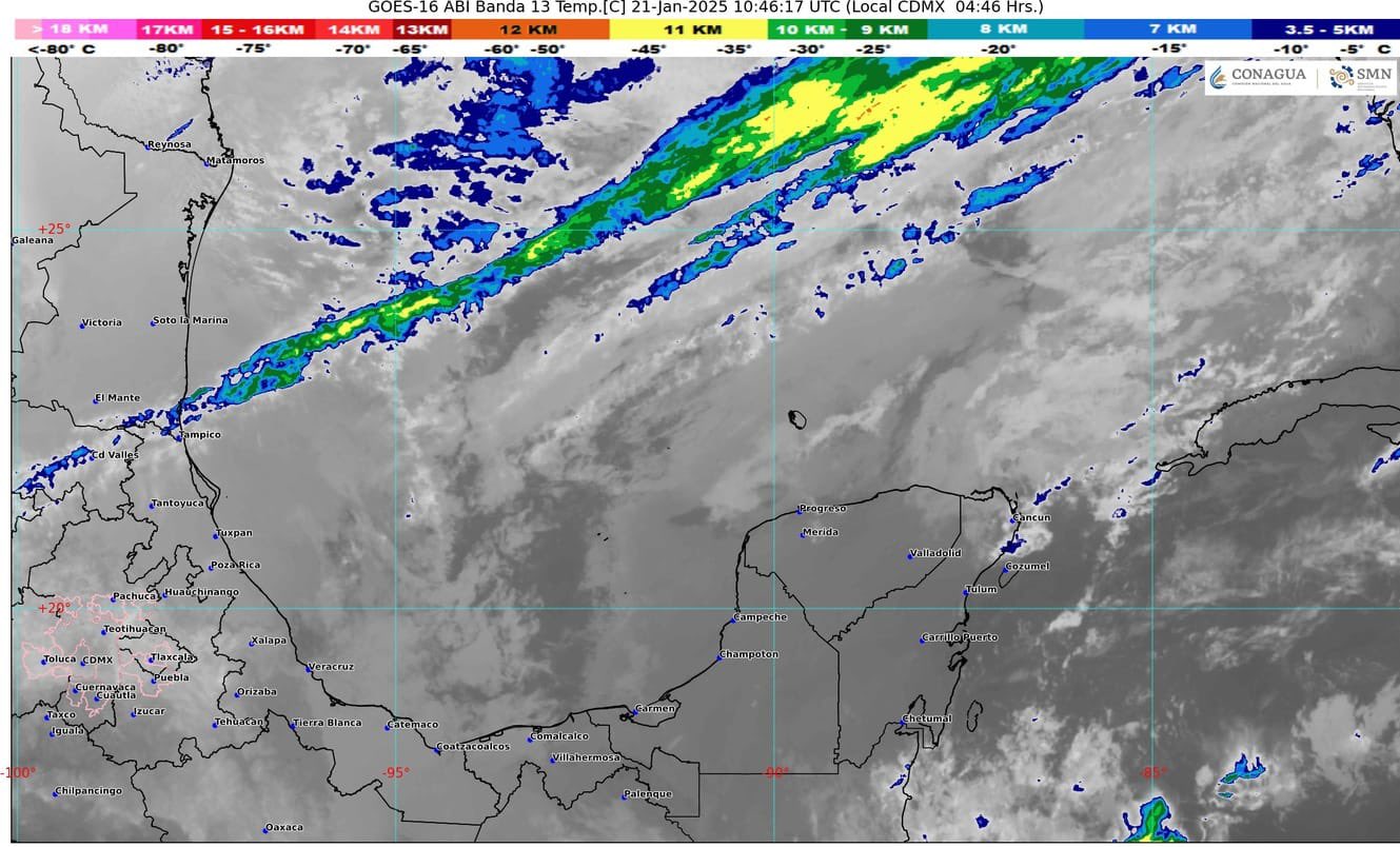 Pronóstico del clima en Quintana Roo para hoy martes 21 de enero 2025; cielo nublado con lluvias puntuales intensas en Campeche, muy fuertes en Yucatán y Quintana Roo.
