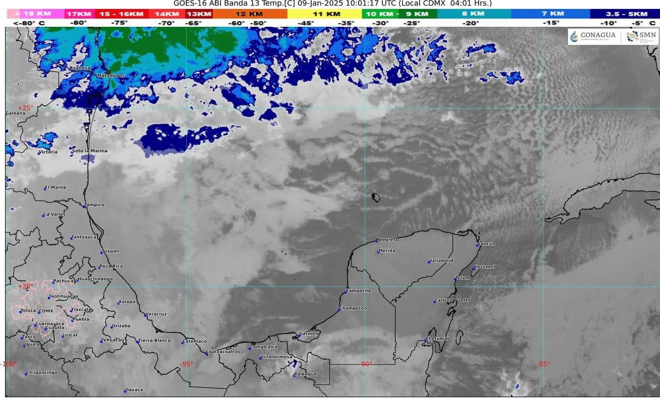 Pronóstico del clima en Quintana Roo para hoy jueves 9 de enero 2025; cielo parcialmente nublado, con lluvias aisladas en el estado.
